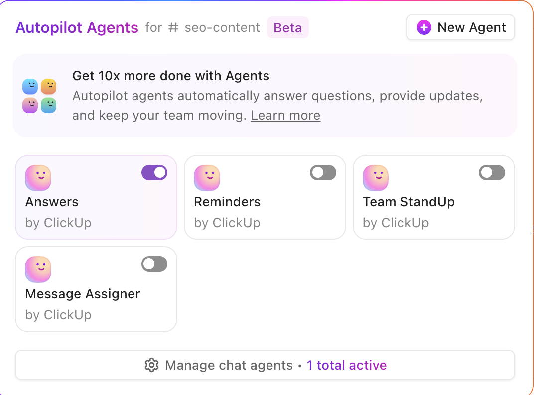Autopilot AI Agents in lists and channels in ClickUp